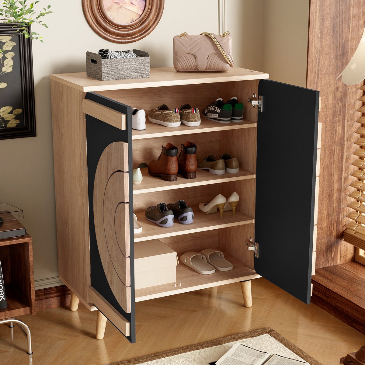 OKWISH Schoenenkast - Ronde Geometrische Deuren - Hal En Entree - MDF Zwart Met Natuuraccent - 76×37×98,5 Cm (4070861650511)