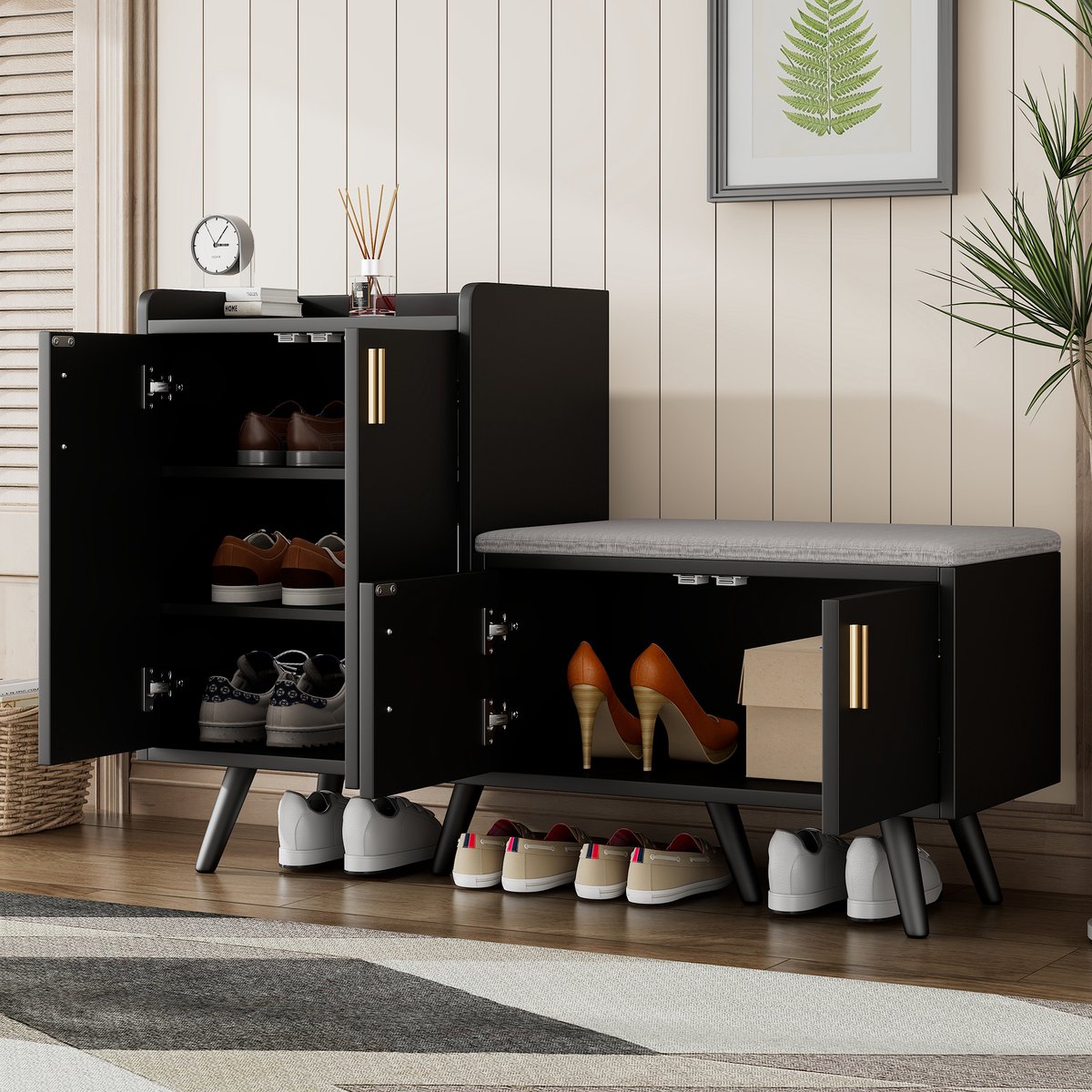 OKWISH Schoenenkast - Schoenenbank Met Opbergruimte - Modern Design Met Schwarzwalnusshout - 120x34x82.8 cm - Spaanplaat - Zwart (4070861456038)