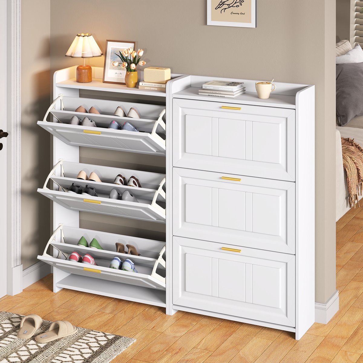 OKWISH Schoenenkast Set Van 2 - 70×24×120 Cm - 6 Vakken Met 3 Klepdeuren En Lade - Voor Hal Woonkamer Kantoor - MDF Wit (4070861648563)