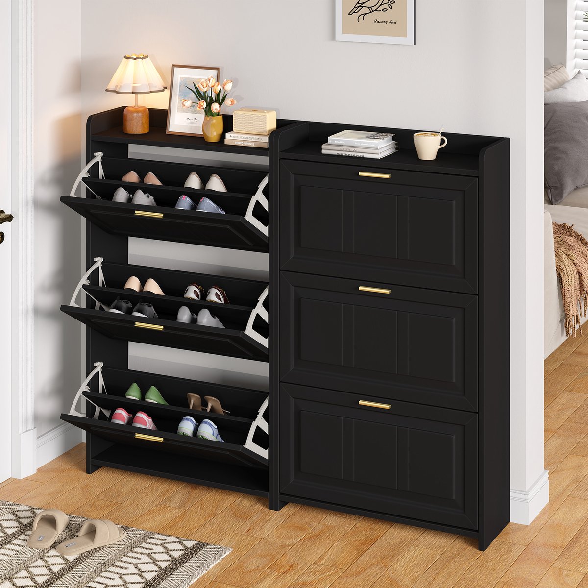 OKWISH Schoenenkast Set Van 2 - Met Kanteldeuren En 6 Vakken - Voor Hal Woonkamer Kantoor - MDF En Spaanplaat Zwart - 70×24×120 cm (4070861648464)