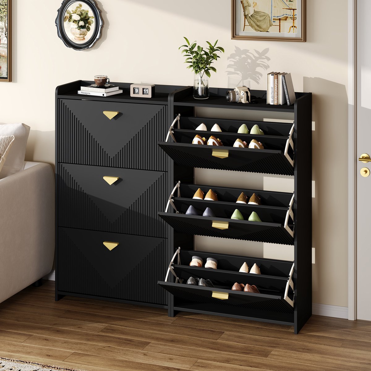 OKWISH Schoenenkast - Smal En Ruimtebesparend - Voor Hal En Entree - MDF Zwart Met Gouden Grepen - 70×30×120 cm (4070861644176)