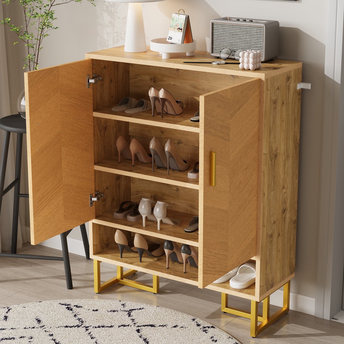 OKWISH Schoenenkast - Smal Verticaal Design - Met 2 Deuren En Open Vak - Voor Hal En Entree - MDF Natural - 80×38×100 Cm (4070861652997)