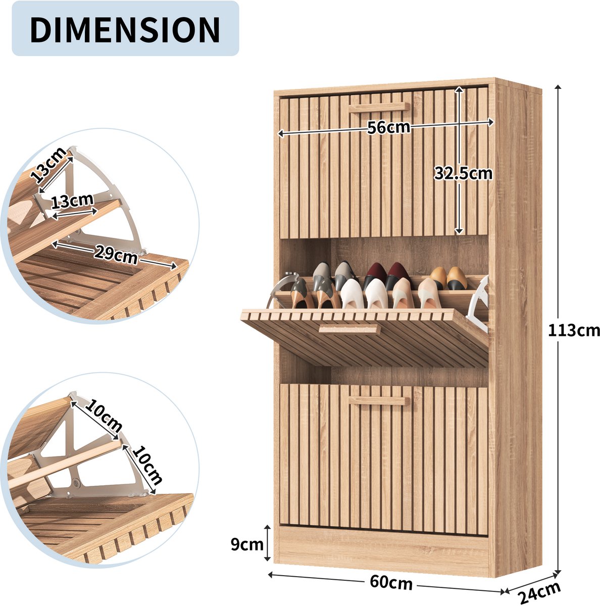 Ohana DT - Houten schoenenkast met 3 klaplades - Schoenenkast - Moderne schoenenkast voor de hal - Smalle schoenenorganizer - Tot 18 paar schoenen . (8721398848501)