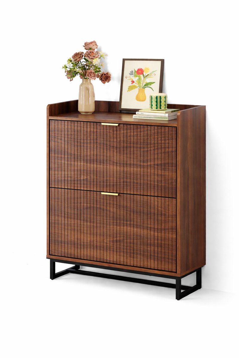 Ohana DT - Schoenenkast Hout - Opbergkast - Schoenenkastje- Diep Opbergruimte - Tot 16 Paar Schoenen - Walnootafwerking - Bruin (8721398848457)