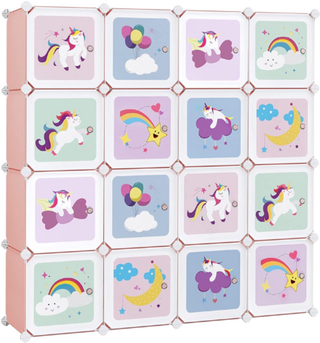 Opbergkast 16 Vakken Met Deuren - Kinderkast Modulair Opbergsysteem - Schoenenrek Speelgoedkast Kleerkast - Kunststof - 123x31x123 cm - Roze (8721392755805)