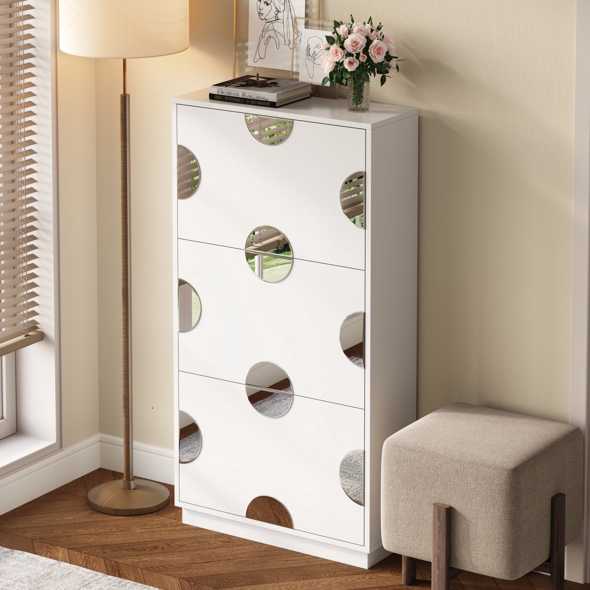 PHOEBE CAT Schoenenkast - 3 klepdeuren - Met halve ronde spiegel - Wit (7416352699282)