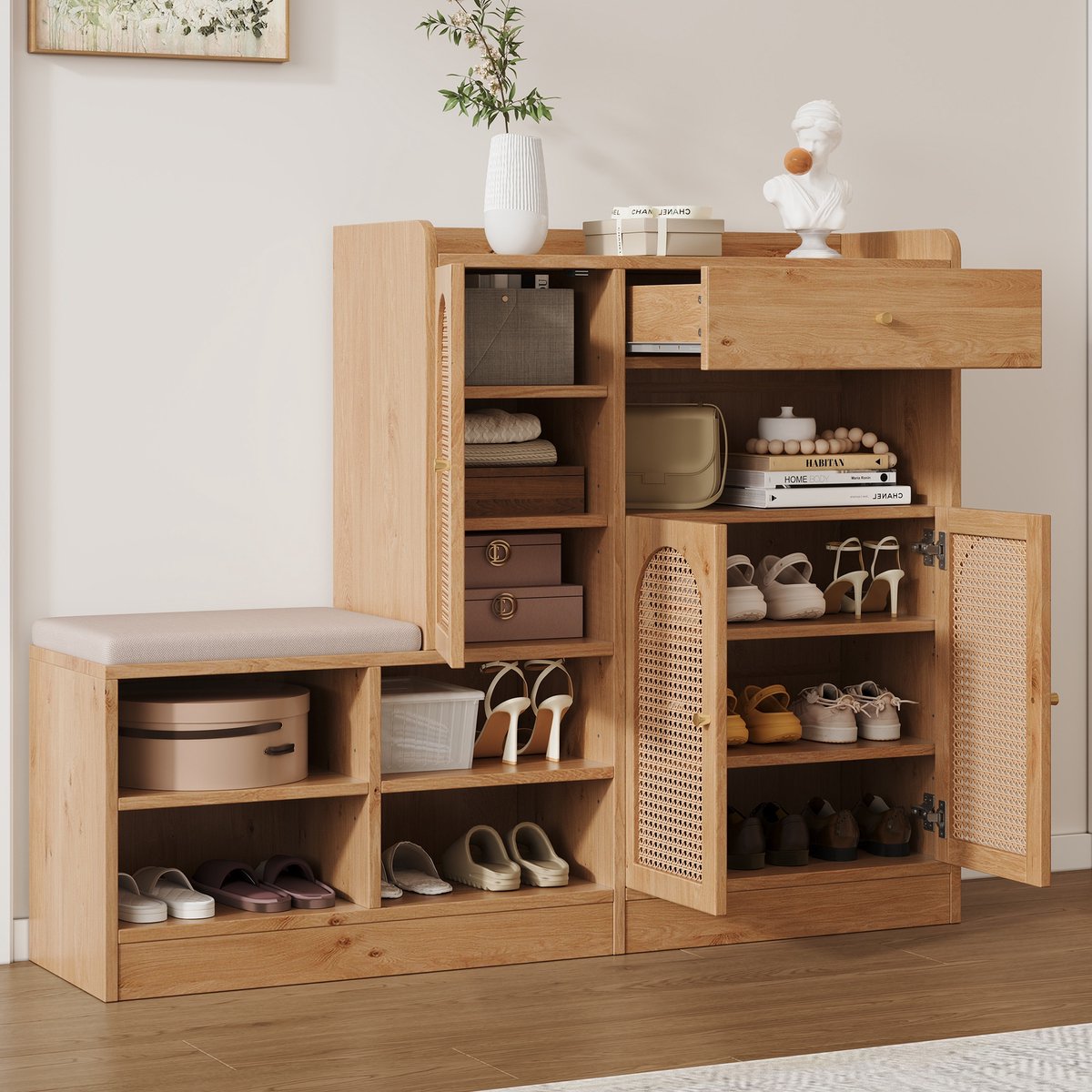 PHOEBE CAT Schoenenkast - Beklede zitting - Eotan deuren - Laden - Houtnerf - Natuurlijke (7416352698919)