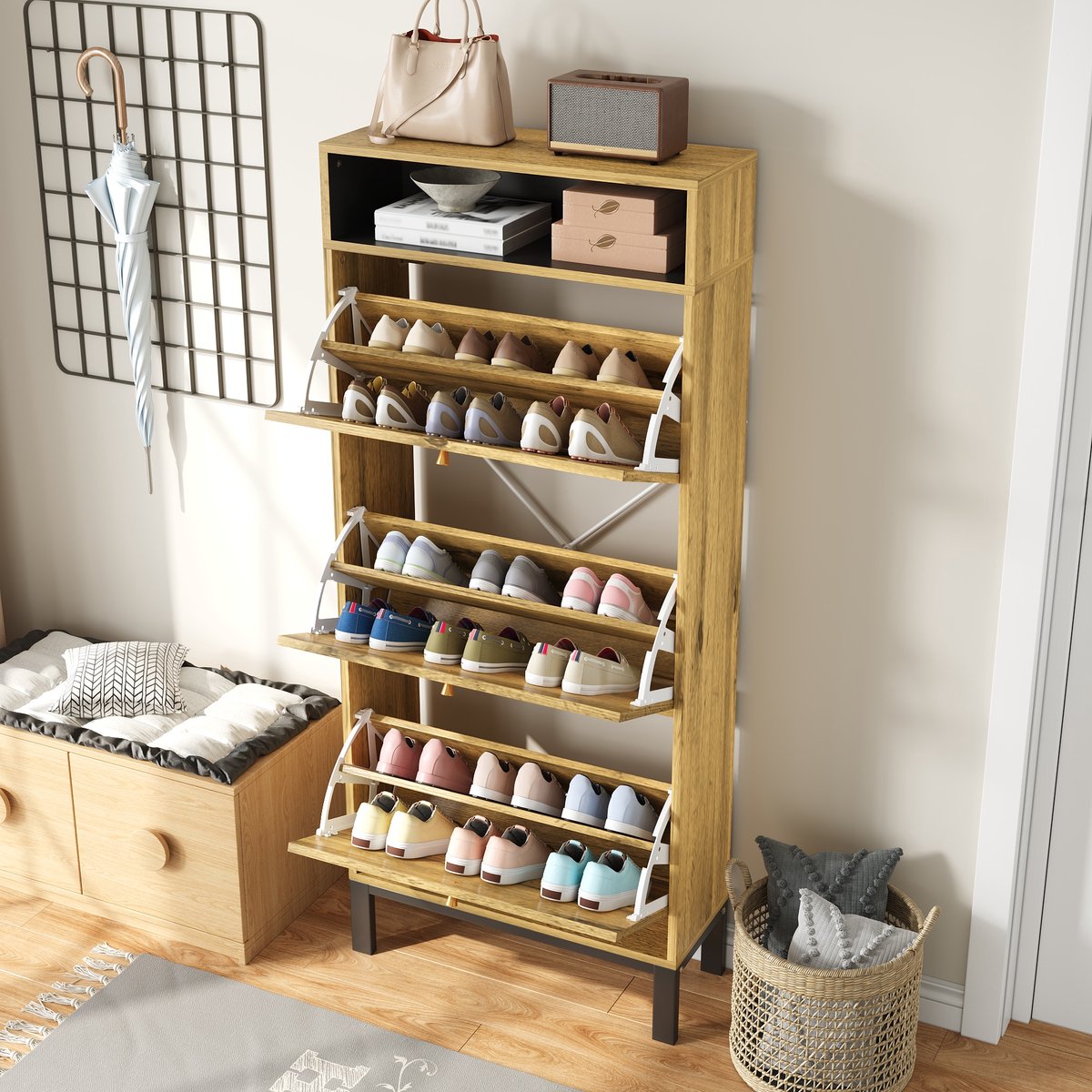 PHOEBE CAT Schoenenkast - Compact - 3 klepdeuren - Open planken - Houtnerf - Natuurlijke (7416352699275)