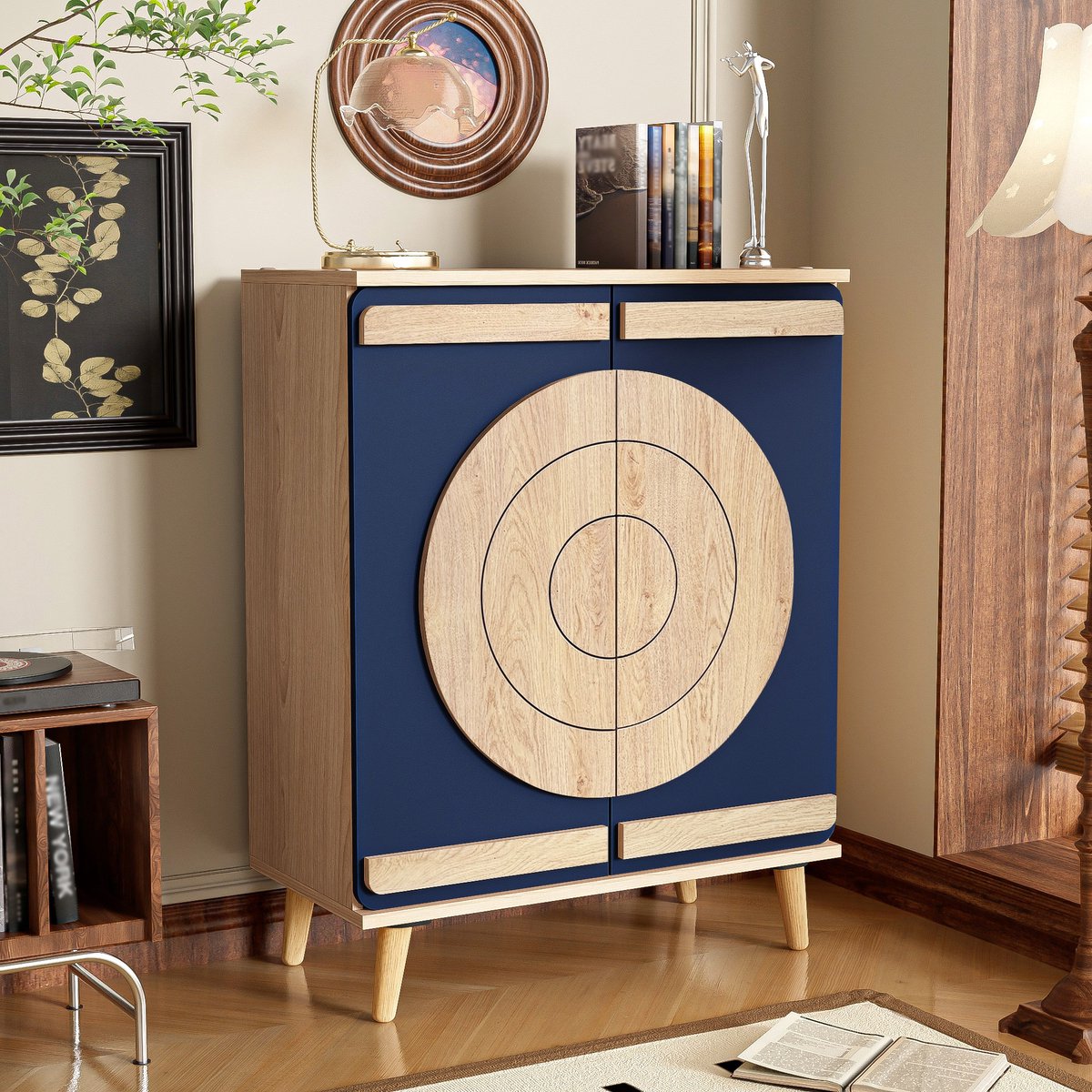 PHOEBE CAT Schoenenkast - Halmeubel - Houtnerf - Ronde geometrische deuren - 3 planken - Houten poten - Blauw (7416352698766)