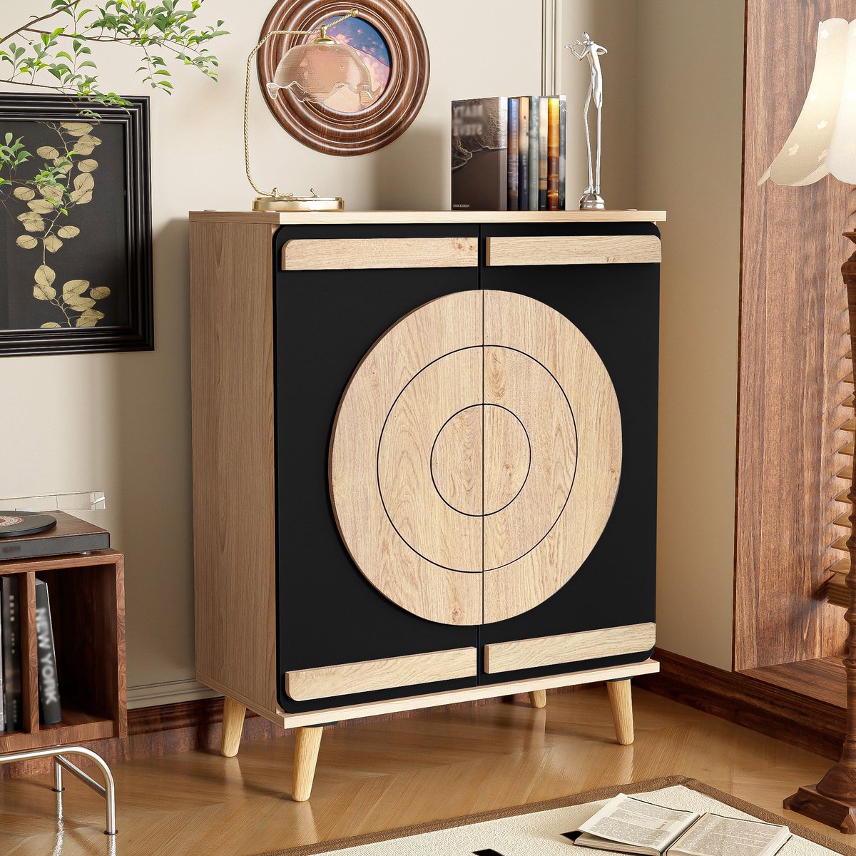 PHOEBE CAT Schoenenkast - Halmeubel - Houtnerf - Ronde geometrische deuren - 3 planken - Houten poten - Zwart (7416352698773)