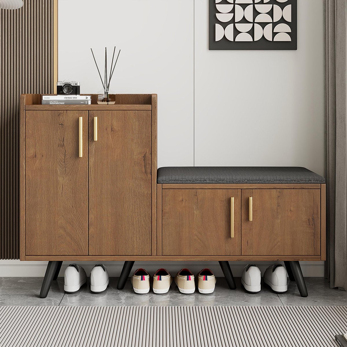 Pugsdrly Moderne schoenenkast met houtnerf, schoenenkast met vier opbergdeuren en asymmetrische metalen handgrepen L120/P34/H82 (6099654315060)
