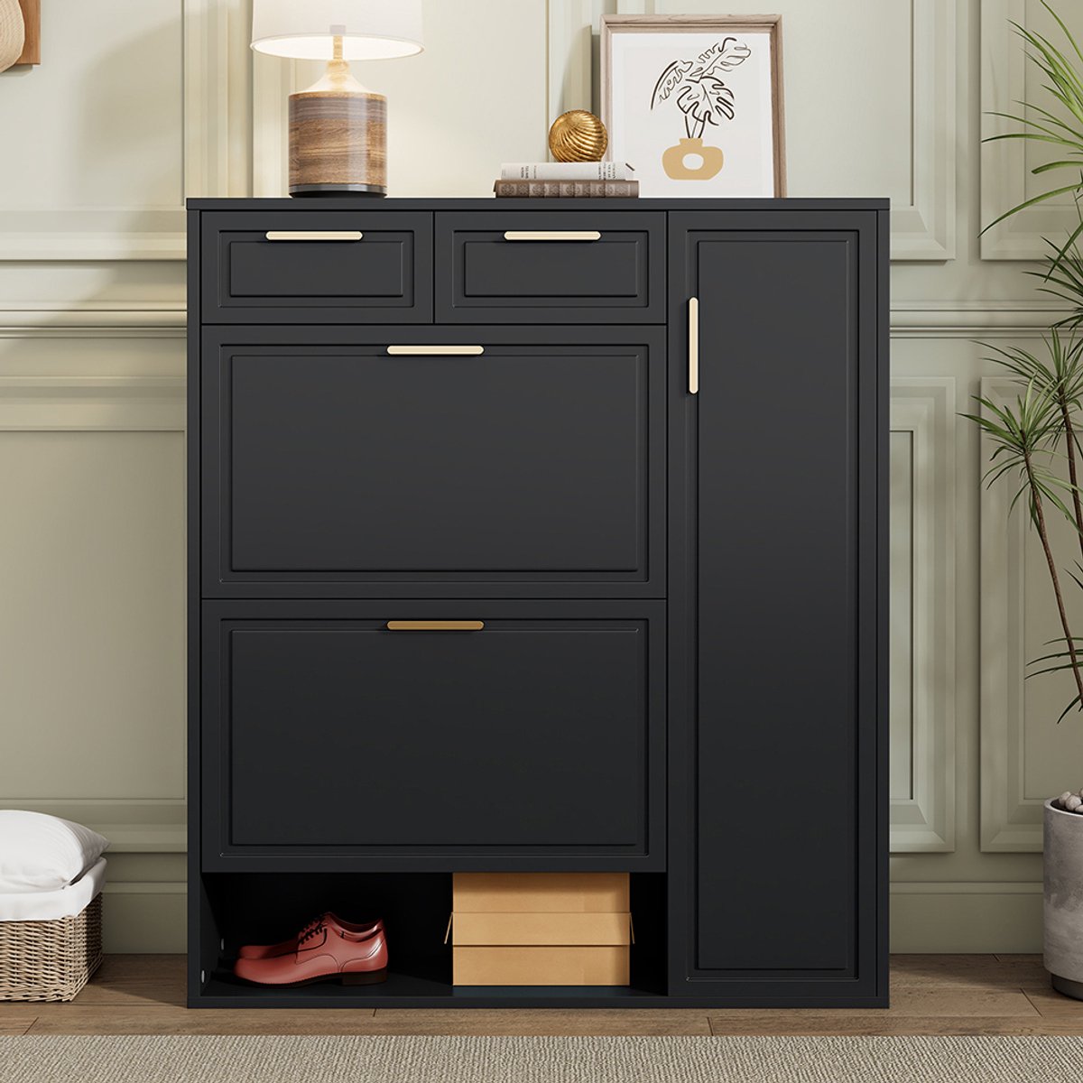 Pugsdrly Moderne schoenenkast, met verstelbare legplanken, gouden handgrepen, lades, neerklapbare schoenenkast en deuren, zwart, L95/P24/H107 (6097843548817)