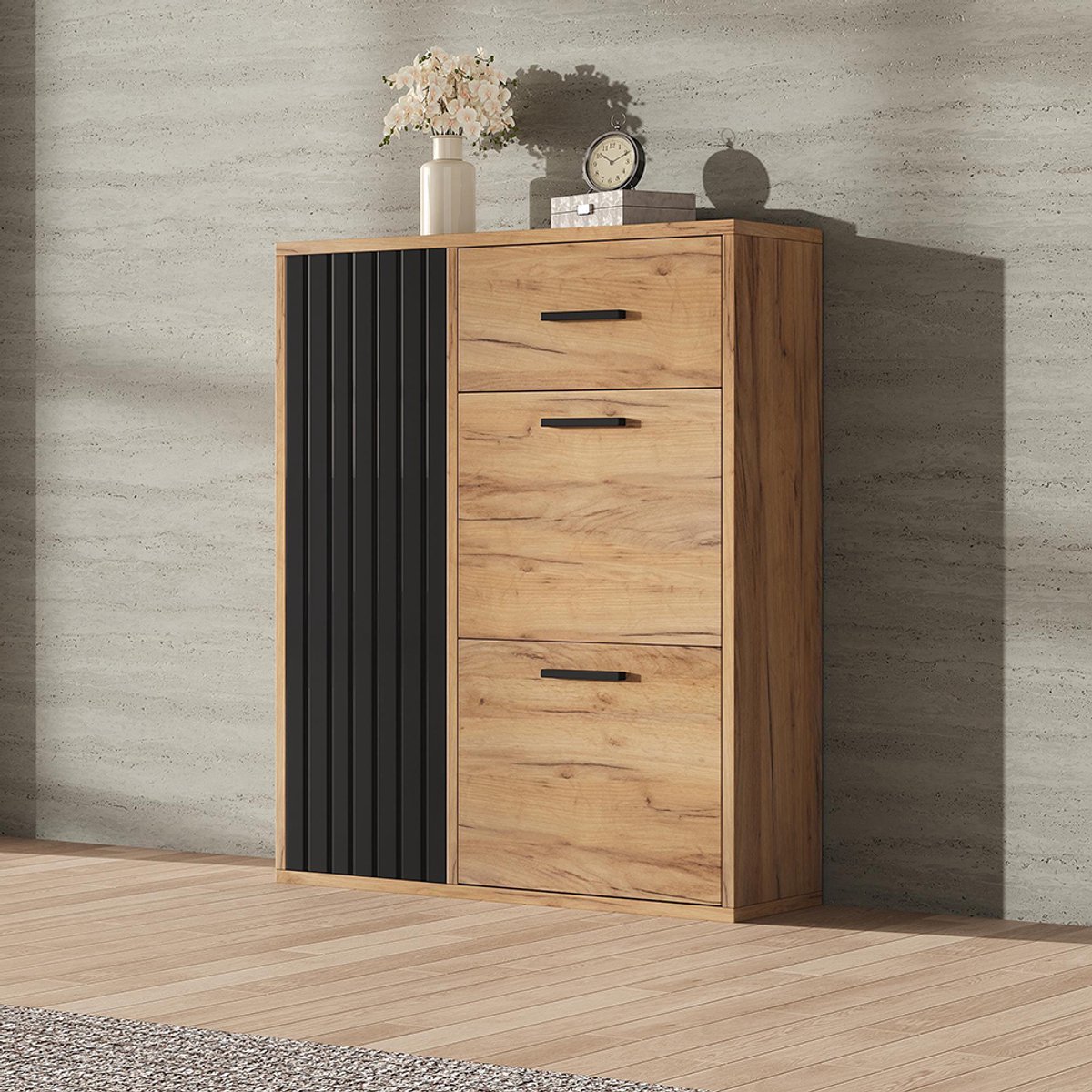 Pugsdrly Moderne schoenenkast, met verstelbare planken, zwarte handgrepen, 1 lade, 2 neerklapbare schoenenvakken en 1 deur, zwart en naturel (6089784479251)