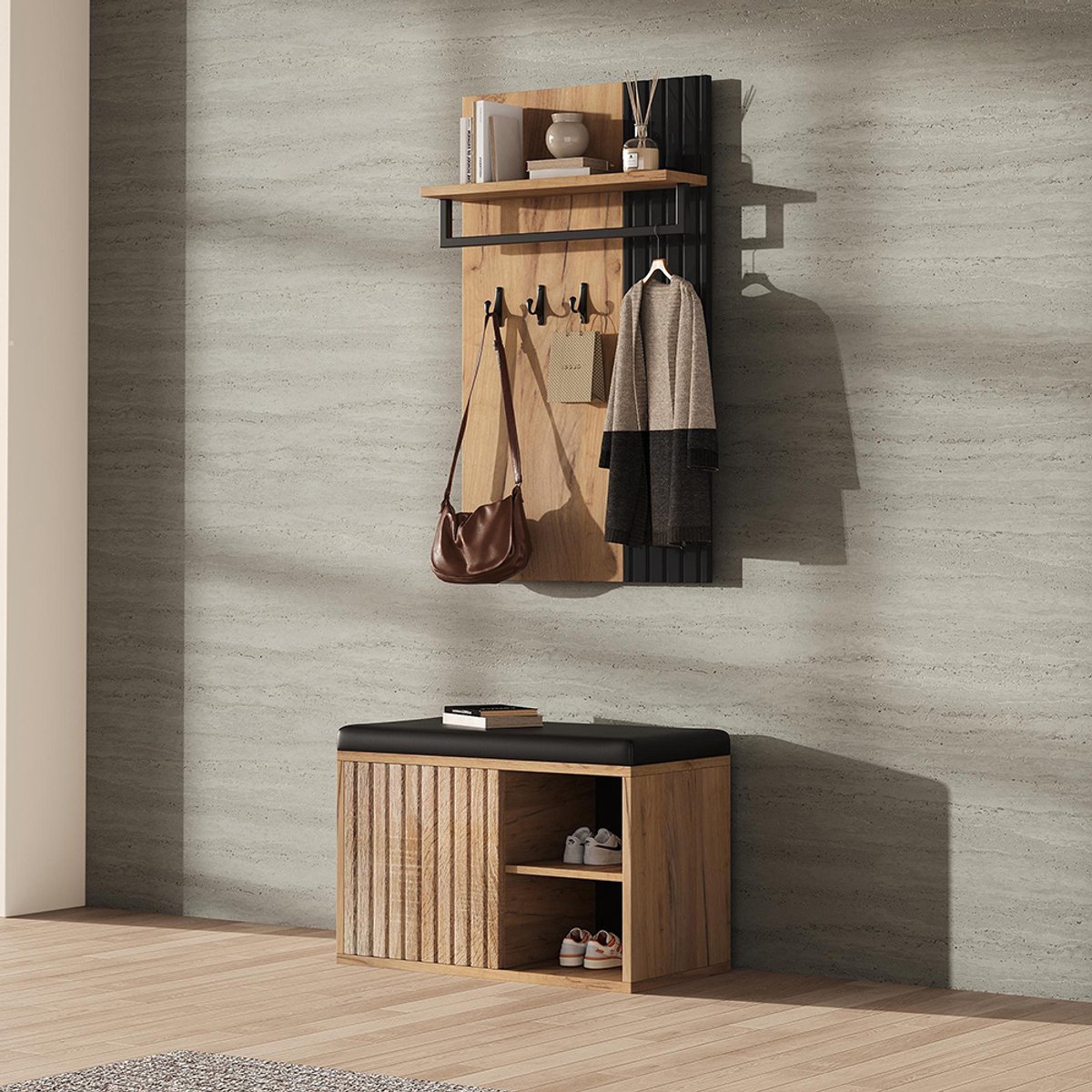 Pugsdrly Schoenenbank, halmeubel, schoenenkast met 2 deuren, met achterpaneel met 3 haken, zwart en naturelkleurig (6089784479268)