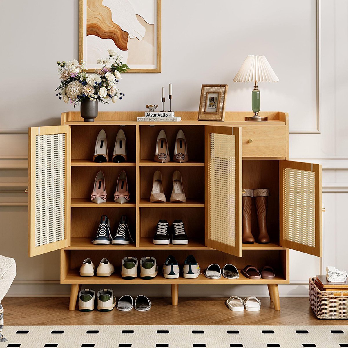 Pugsdrly Schoenenkast van natuurlijk rotan, schoenenmeubel met 3 deuren, 1 lade en 5 planken, voor in de gang. Metalen handgreep en massief houten poten (6089784479404)