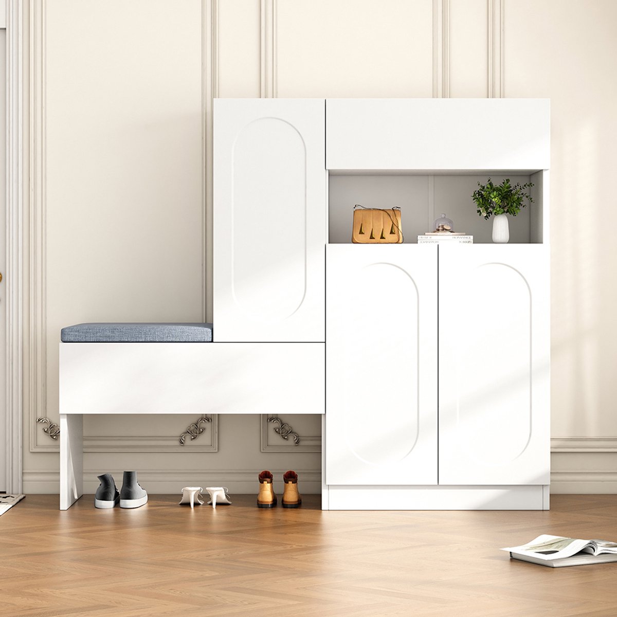 Pugsdrly Trendy 2-in-1 schoenenkast met gebogen deuren - neerklapbare deur met softclose-functie, in hoogte verstelbare vakken en beklede bank, wit, 130 × 35 × 110 cm (6097843549685)