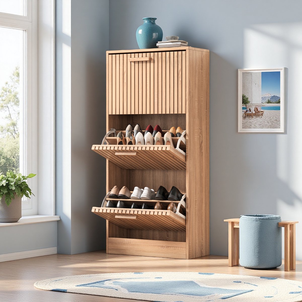 Rattan Schoenenkast 60x24x113 cm | Met Opbergruimte | Modern & Ruimtebesparend | Voor Hal, Gang of Slaapkamer (4643166303514)