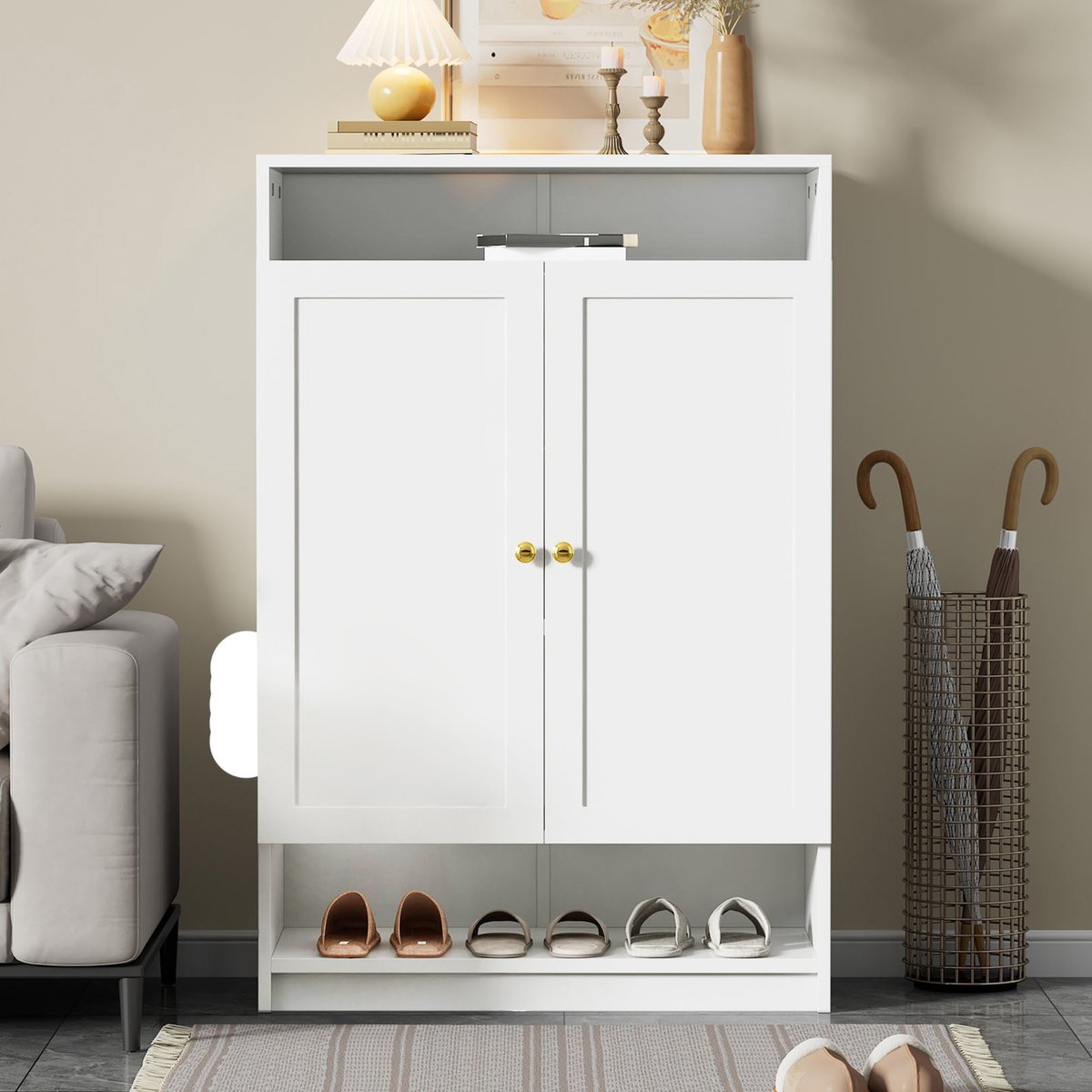 Re-purelife® Moderne Schoenenkast met Gouden Handgrepen en Verstelbare Planken - Smalle Opbergkast met 2 Deuren - Elegante Meubel 73x34x109 cm voor Hal (9331868843128)