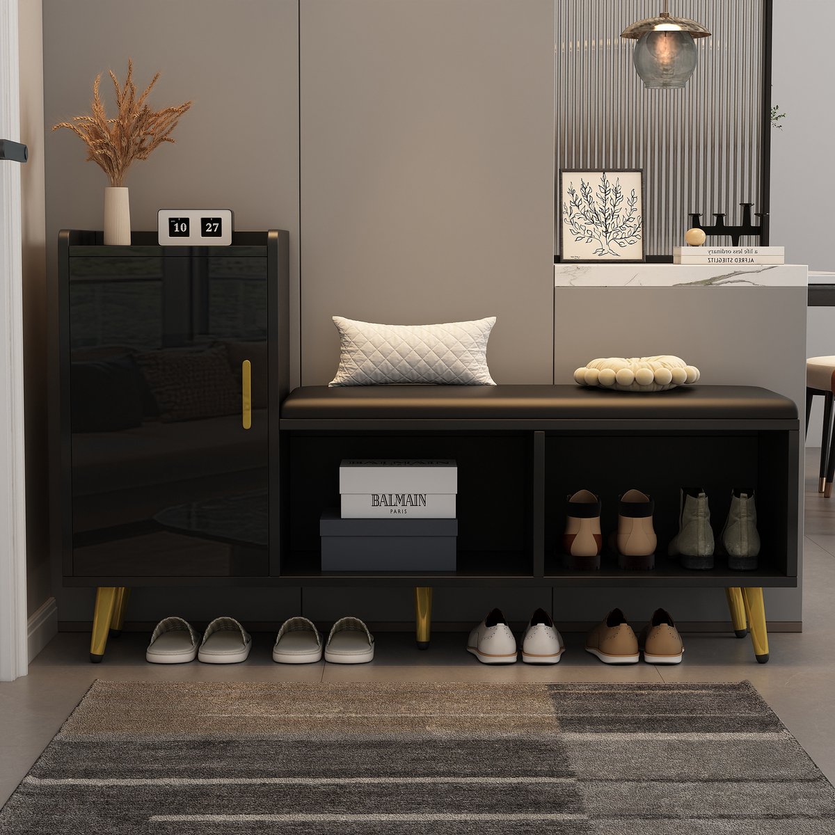Re-purelife® Moderne Schoenenkast met Zitbank - Opbergkast voor Hal met Gepolsterd Bankje - Hoge Glans Afwerking - Verstelbare Planken 120x35x71 cm - Ingangsmeubel met Anti-Kipbeveiliging - Zwart (9331868841445)