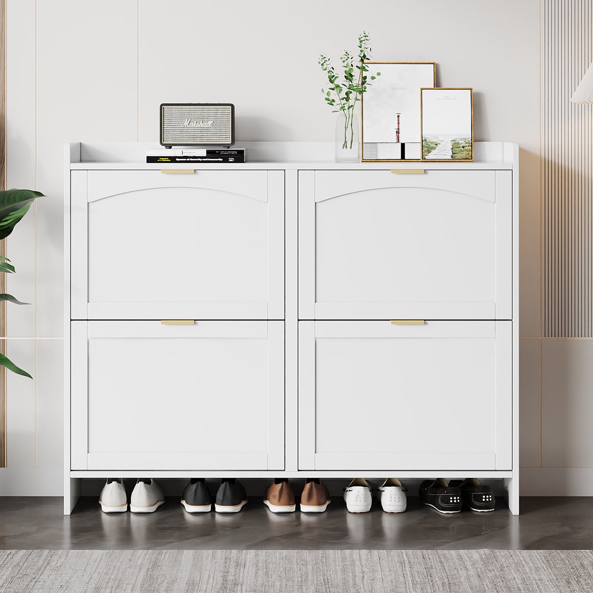 Re-purelife® Moderne Witte Schoenenkast met 4 Klepdeuren en Uitschuifbaar Vak - Smalle Opbergkast met Boogvormig Design - Space Saving Meubel voor de Hal 110x24x90 cm (9331911977022)