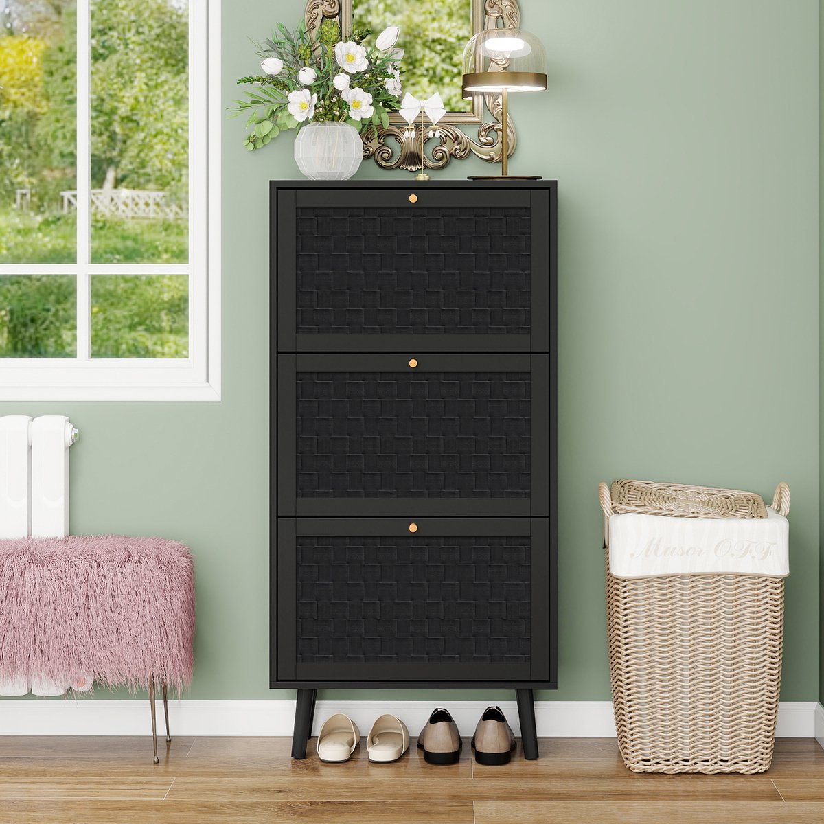 Re-purelife® Schoenenkast 60x24x121 cm - 3 Lagen Schoenenrek voor 18 Paar - Modern Design - Stevig, Veel Opbergruimte & Veilig - Halmeubel & Gangkast - Zwart (9331868665072)