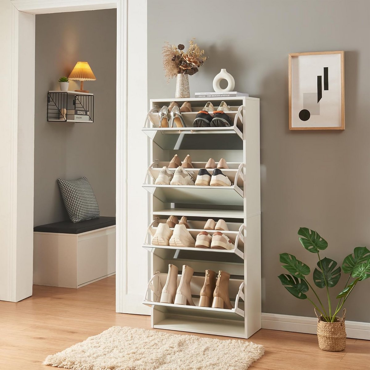 Ruime Schoenenkast met 4 Kleppen en Spiegeldeuren - Wit | Organiseer tot 16 Paar Schoenen (9101052058078)