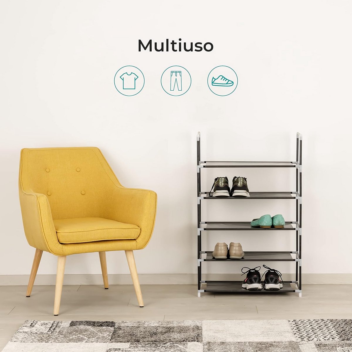 Ruimtebesparende schoenenkast met 5 etages, vakkenkast voor schoenen, metaal frame, zwart (9101059207196)