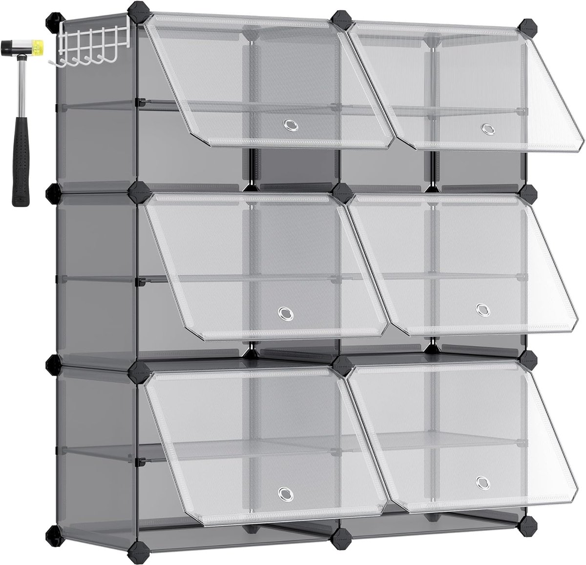 SONGMICS Schoenenkast met 6 vakken, Schoenenkast, 30 x 40 x 30 cm per vak, Smal met deuren, Stalen frame, Kunststof, voor hal, slaapkamer, grijs (0194343317816)