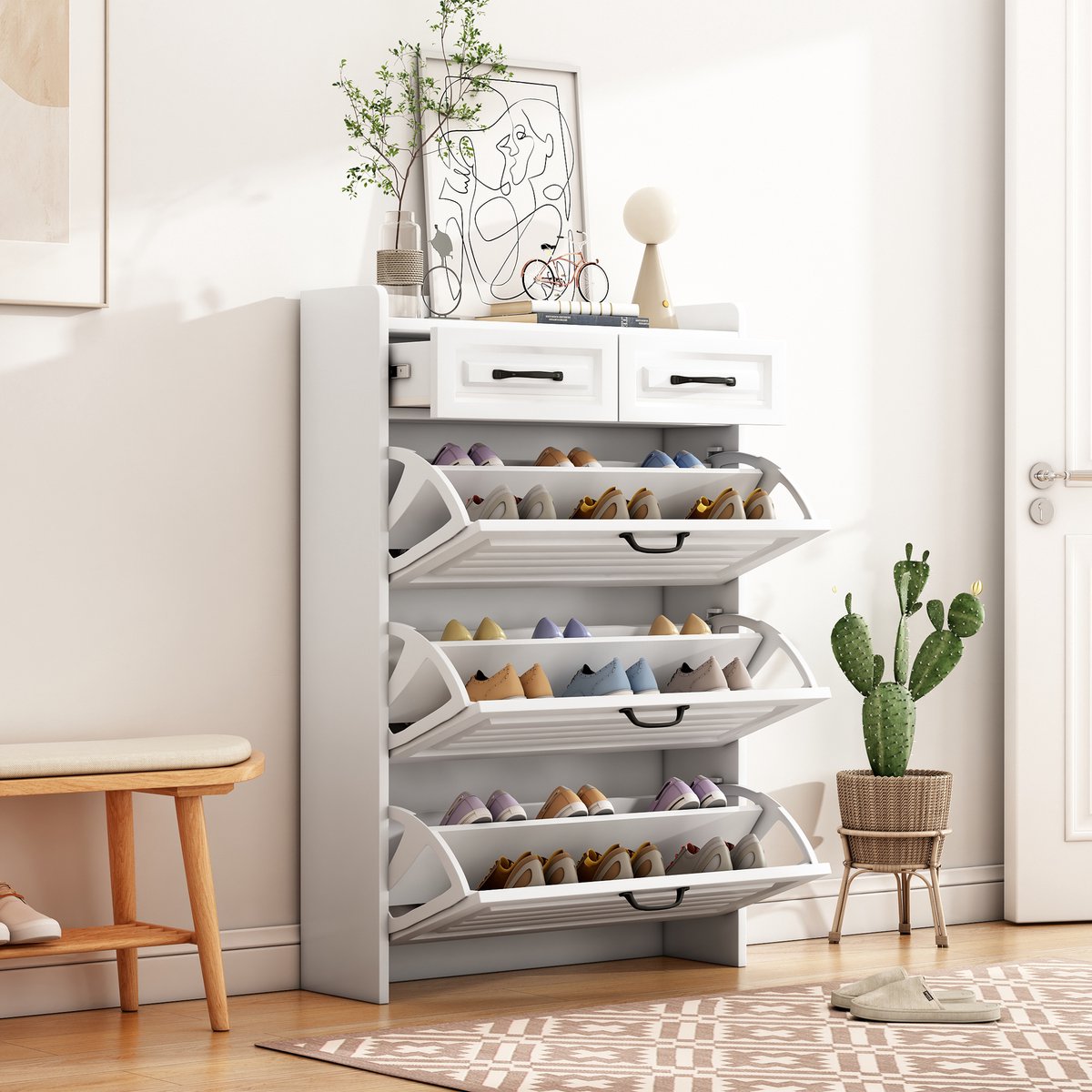 STILVORA Schoenenkast - 3 Kantelvakken En 2 Lades - Smal Voor Hal En Woonkamer - Spaanplaat Wit - 80x23,5x131 Cm (4070865201955)