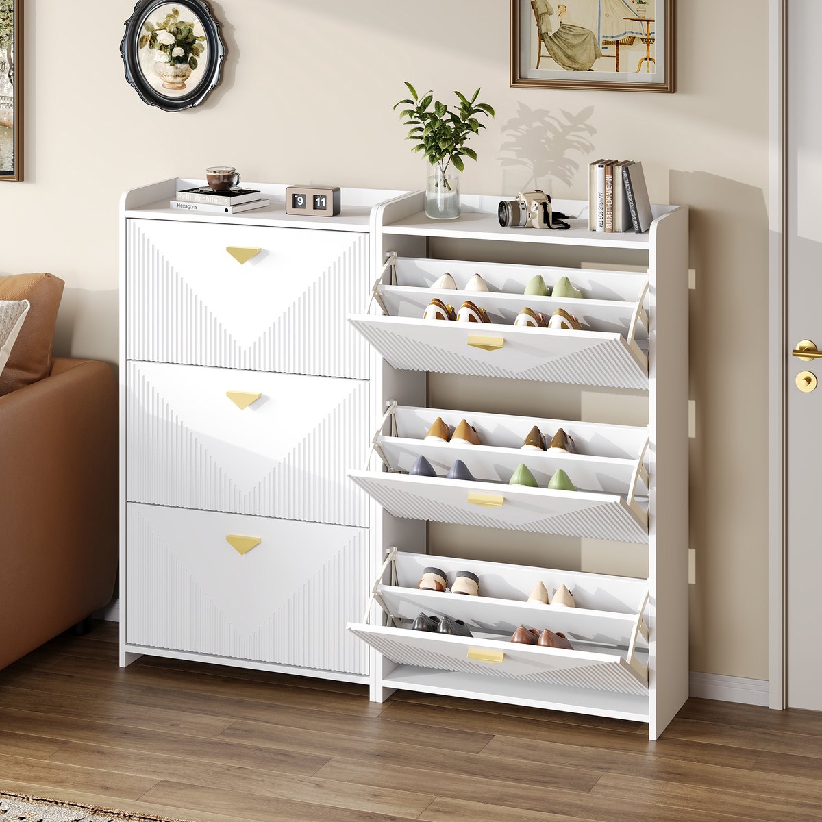 STILVORA Schoenenkast - 3 Klepdeuren Met Verstelbare Vakken - Smal Voor Hal En Gang - MDF Wit - 70x30x120 Cm (4070865255965)