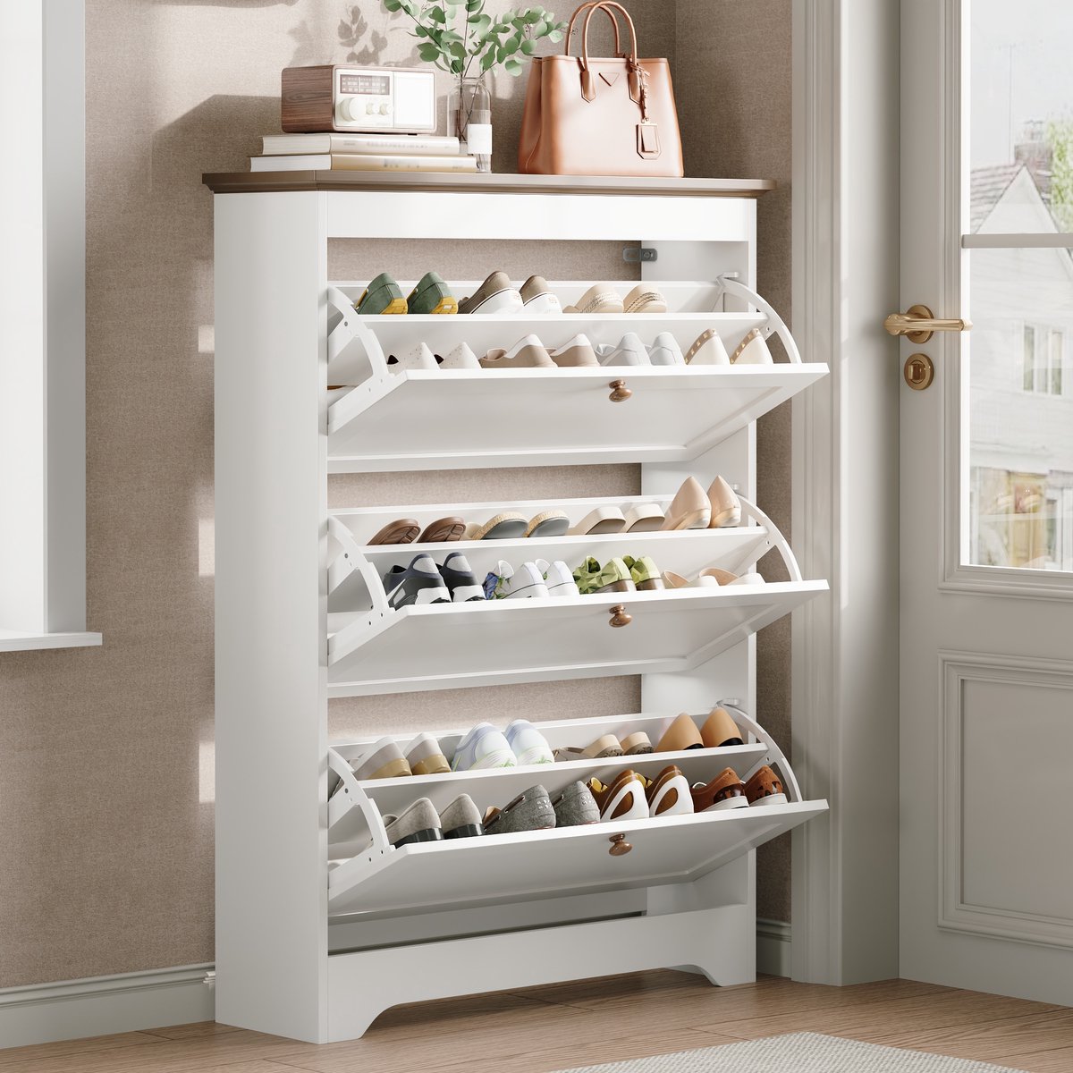 STILVORA Schoenenkast - 3 Kleppen Met Soft Close - Smal Voor Hal En Entree - MDF - Wit;Bruin - 87x26x120 Cm (4070865263014)