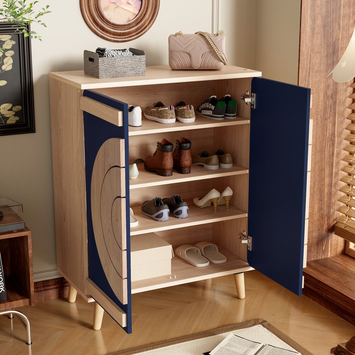 STILVORA Schoenenkast - Geometrische Ronde Deuren Met Opbergniveaus - Voor Hal En Gang - Spaanplaat - 76x37x98,5 Cm - Blauw;Naturel (4070865260402)