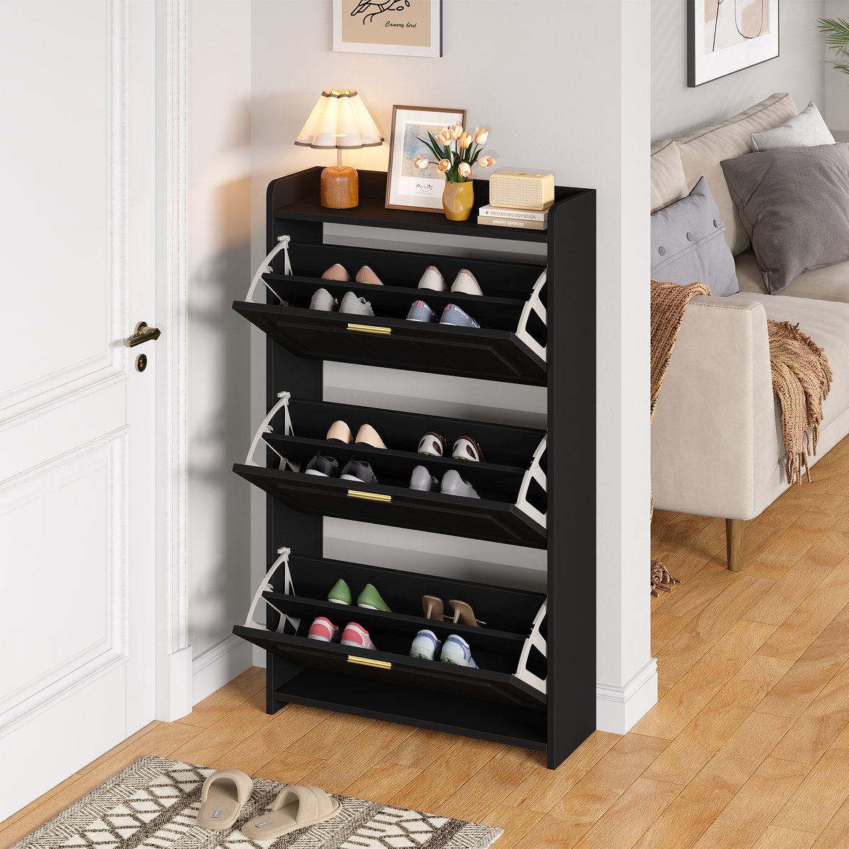 STILVORA Schoenenkast - Met 3 Klepdeuren En 6 Schoenenvakken - Compact Voor Hal En Entree - MDF En Spaanplaat - 70x24x120 Cm - Zwart (4070865258843)