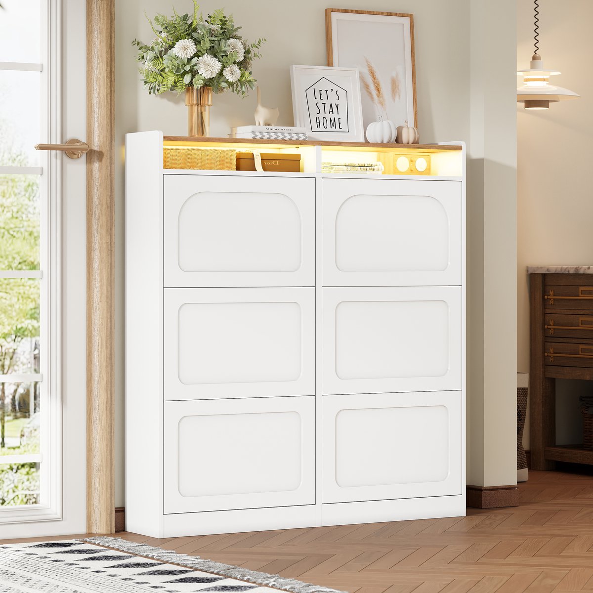 STILVORA Schoenenkast Met Ledverlichting En 6 Kleppen - Met Open Vakken Voor Hal En Gang - MDF - Wit;Natuurlijk - 120x24x130 Cm (4070865249223)