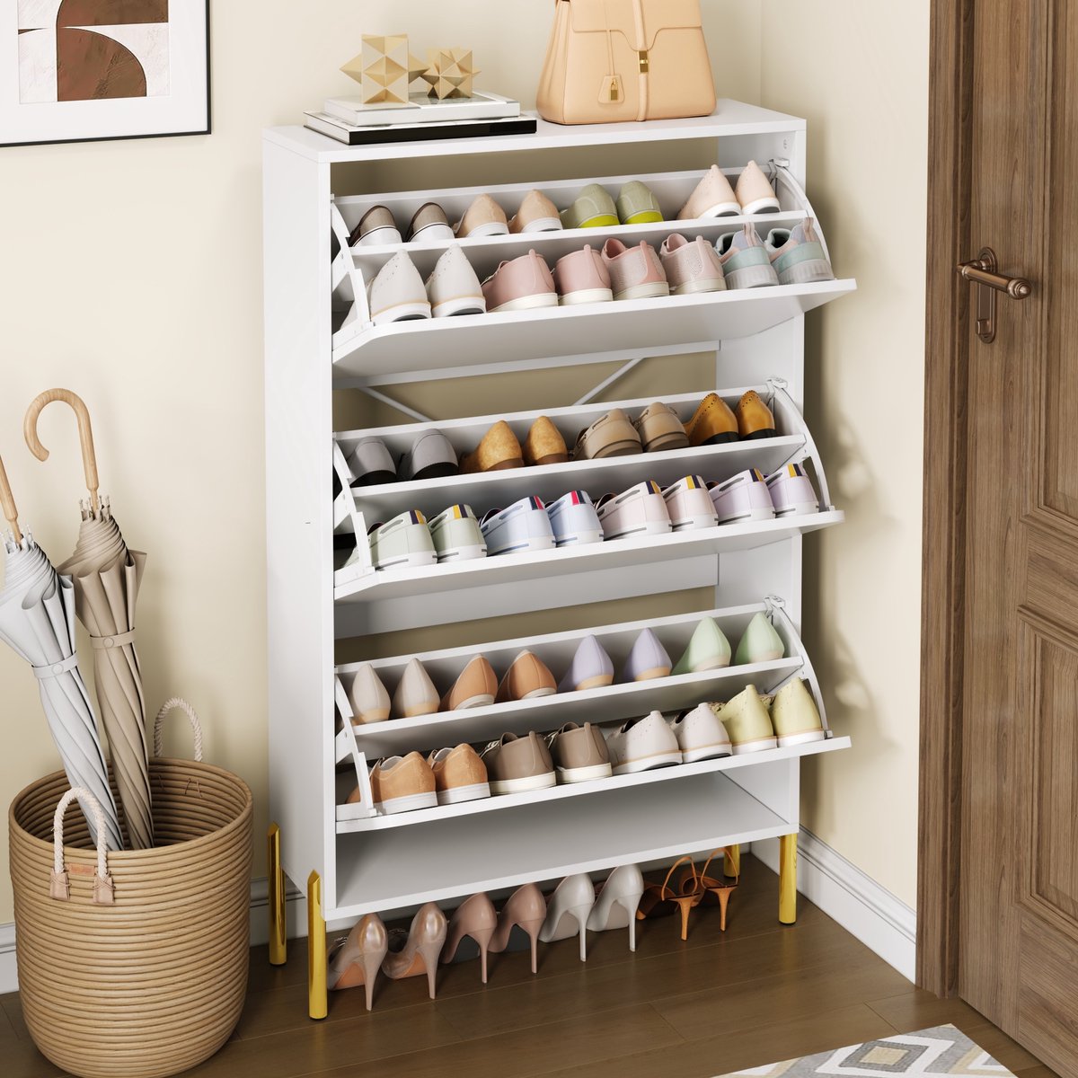 STILVORA Schoenenkast - Minimalistisch Met 3 Deuren En Veel Opbergruimte - Voor Hal En Entree - MDF - Wit;Goud - 73x24x120 Cm (4070865263021)