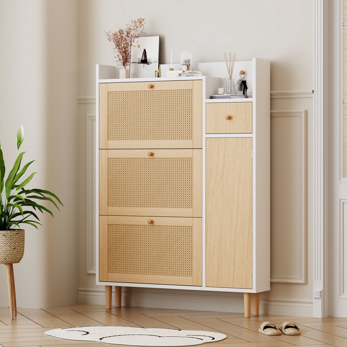 STILVORA Schoenenkast - Rattan Look Met 3 Kleppen En Lade - Smal Model Voor Hal En Slaapkamer - MDF Naturel;Wit - 90x125x17 Cm (4070865043296)