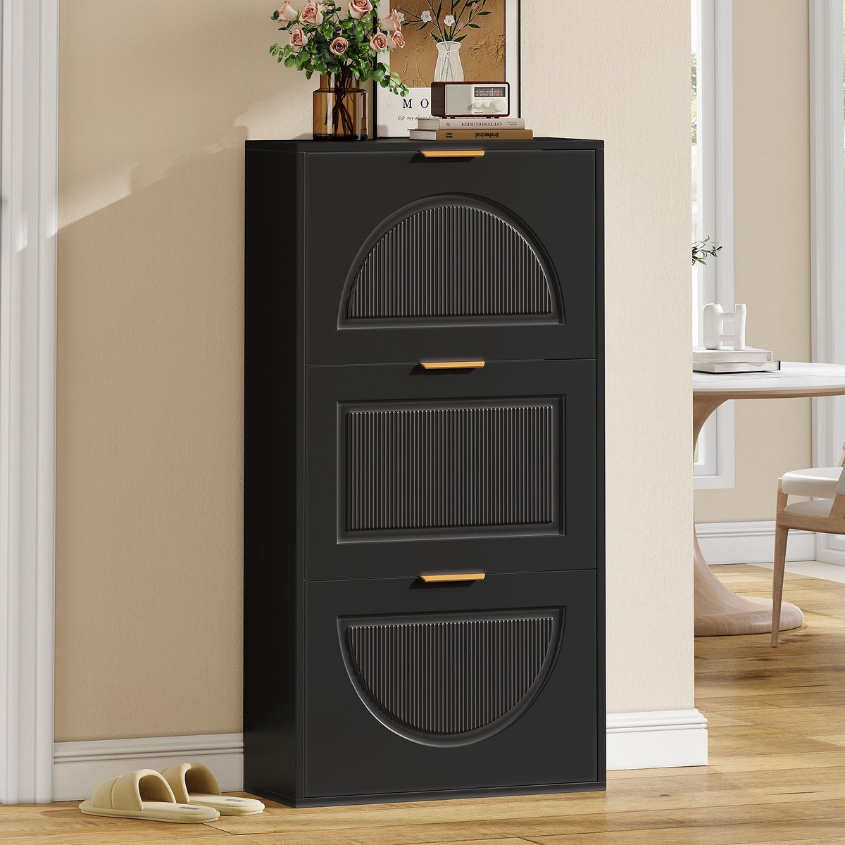 STILVORA Schoenenkast - Smal Met 3 Kleppen En Kantelsysteem - Ruimtebesparend Voor Hal En Woonkamer - MDF;Spaanplaat - 60x24x114 Cm - Zwart (4070865247786)