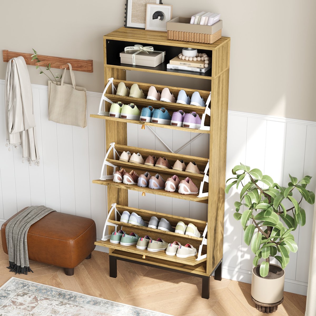 STILVORA Schoenenkast - Smal Met 3 Kleppen En Open Vakken - Voor Hal En Entree - MDF In Natuurlijke Houtlook - 63x24x147 Cm (4070865262987)