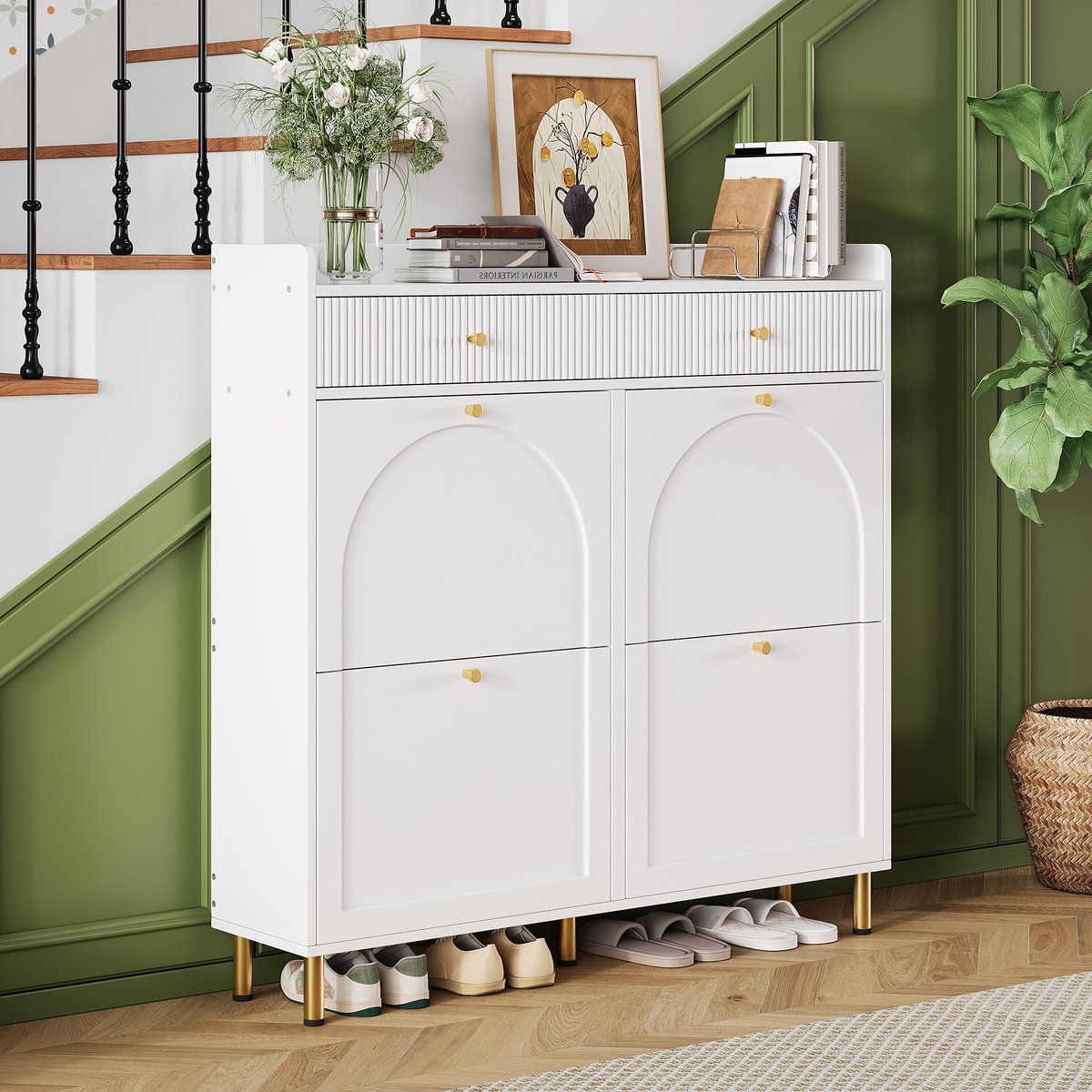 STILVORA Schoenenkast - Smal Met 4 Klepdeuren En 2 Laden - Ruimtebesparend Voor Hal Slaapkamer - MDF Spaanplaat - 106,5x25x105,5 Cm - Wit (4070865258386)