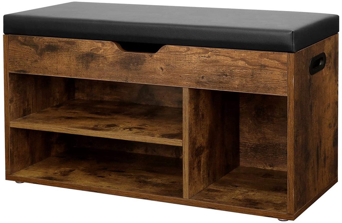 Schoenenbank Schoenenrek Opbergkast met 1 gesloten klepvak, 3 open vakken en zacht, comfortabel kussen Max. belasting 150 kg Geschikt voor woonkamer, lounge, hal en slaapkamer 80 x 30 x 44 cm Natuurlijke kleur (4255901401081)