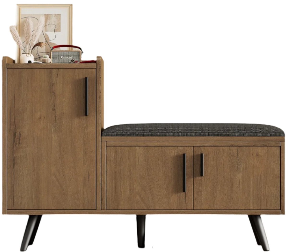 Schoenenbank - Schoenenrek - Zitbank - Opbergmeubel - Houten Frame - Comfortabel Kussen - Verstelbare Opbergruimte - 100 x 34 x 69 cm - Bruin & Grijs (8721391026692)