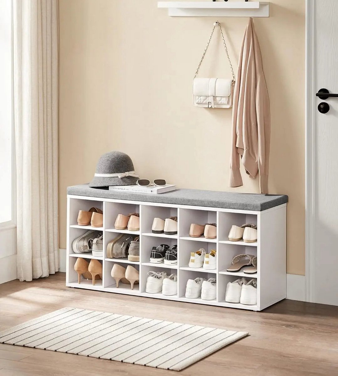 Schoenenbank - Zitbank en Schoenenrek - met Zitkussen - 15 Vakken - 200 kg - Wit (8721359026375)