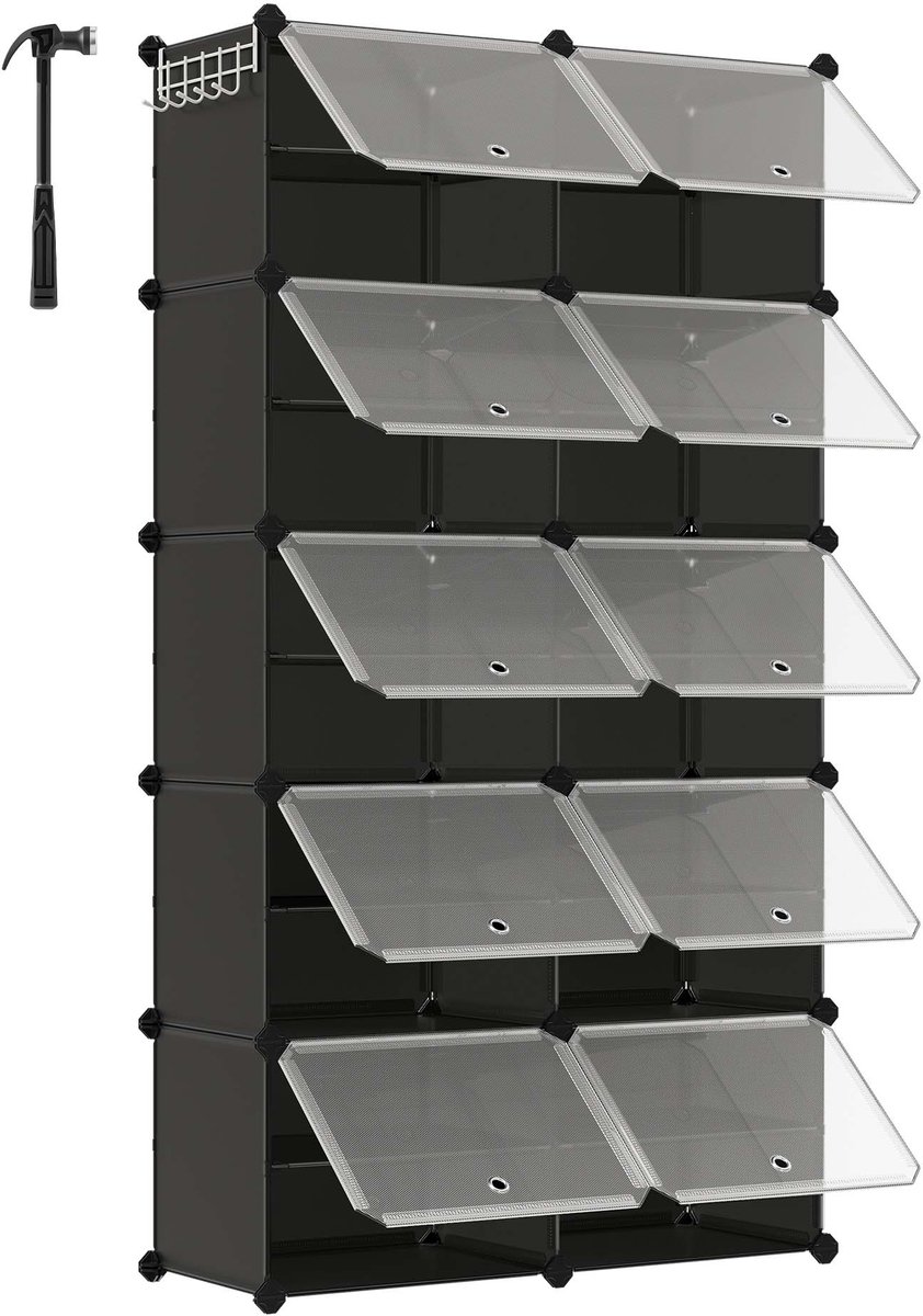Schoenenkast 10-delig Opbergkast Opbergmodule, modulair ontwerp, stapelbaar of afzonderlijk te gebruiken, met transparant deksel voor eenvoudig overzicht van de inhoud, geschikt voor hal en slaapkamer, 30 x 40 x 30 cm, zwart (4255901427791)