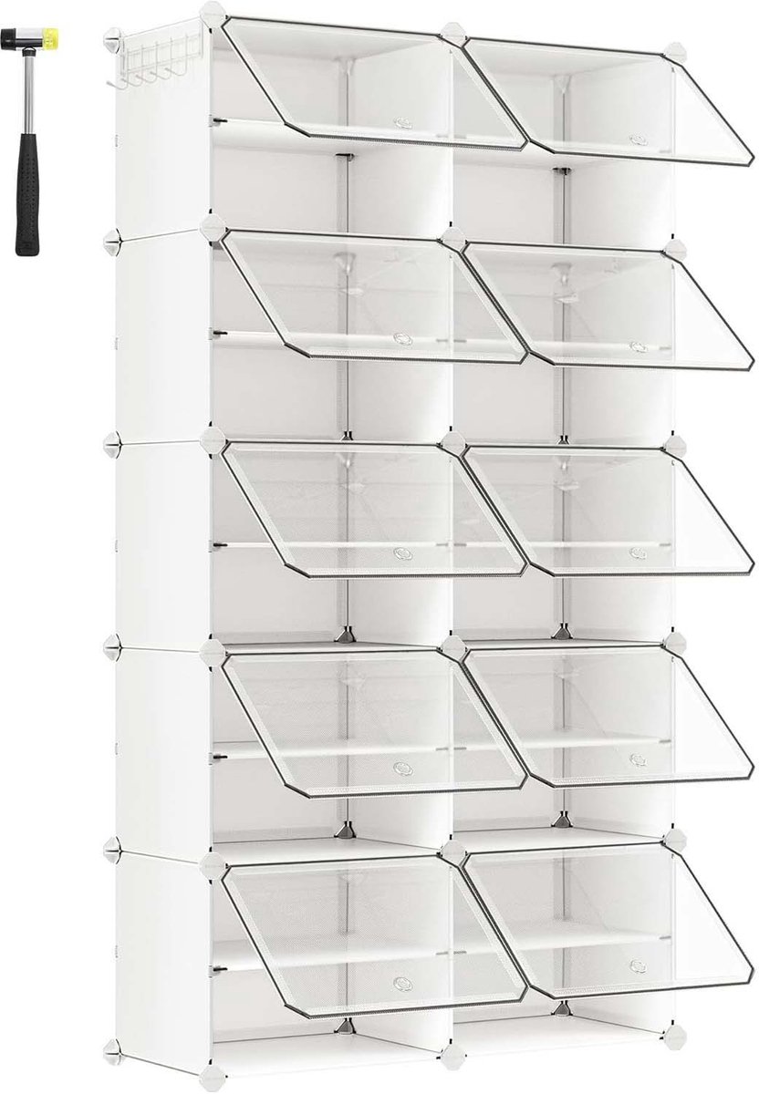 Schoenenkast 10-delig Opbergkast Opbergmodule, modulair ontwerp, stapelbaar of afzonderlijk te gebruiken, met transparant deksel voor eenvoudig overzicht van de inhoud, geschikt voor hal en slaapkamer, 30 x 40 x 30 cm, wit. (4255901422826)