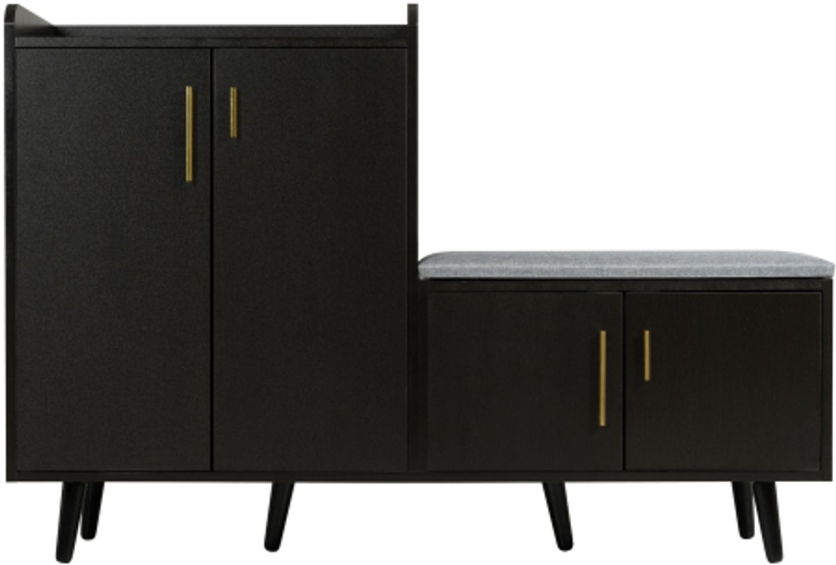 Schoenenkast 120×34×82cm Schoenenbank Zwart Spaanplaat 4 Deuren Asymmetrische Metalen Handgrepen Met Zitting Hoge Poten Modern Design Geschikt Voor Hal En Gang (4255890930791)