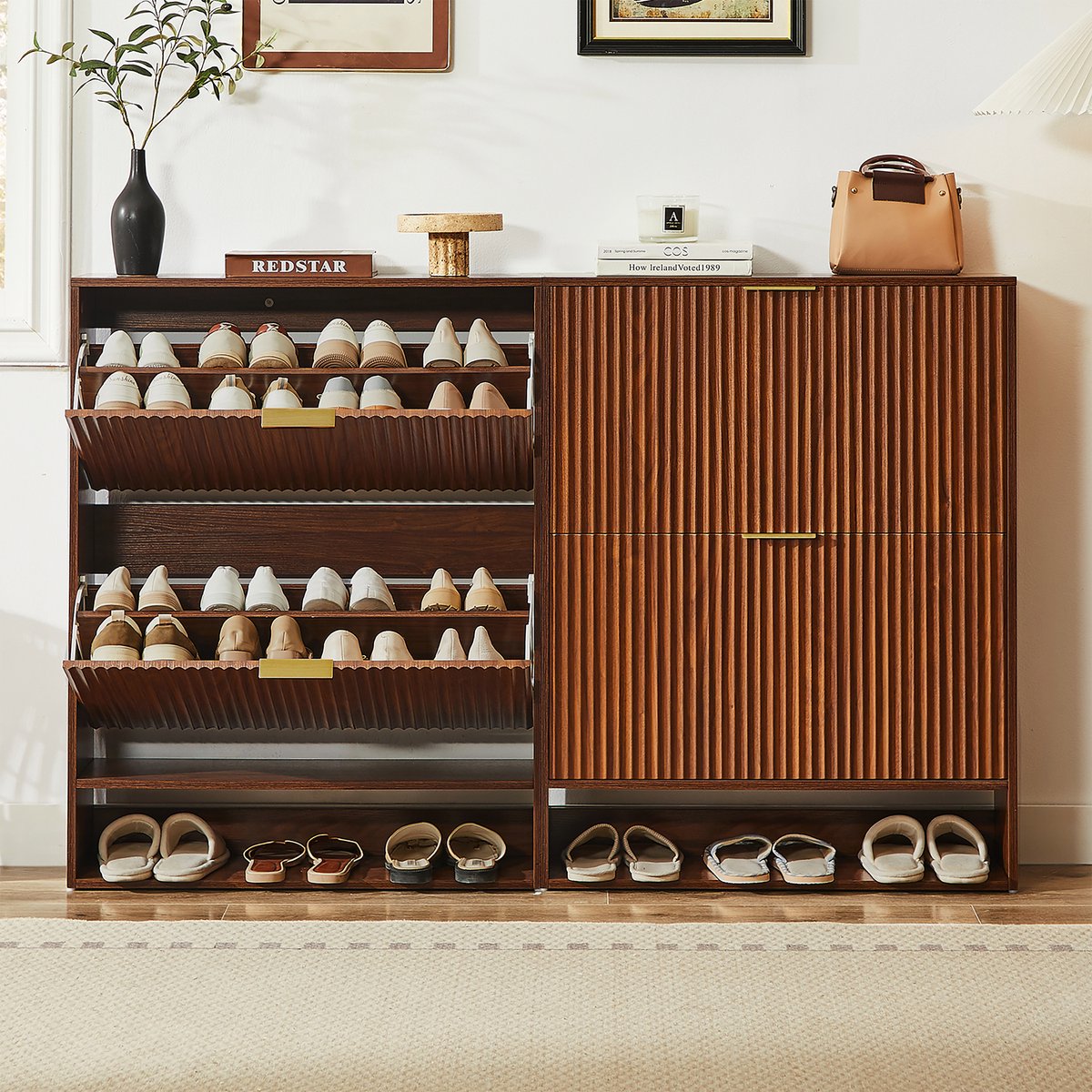 Schoenenkast - 24 cm Breed - Smal met Verticale Lijnen - met Kantelbeveiliging - Hout - Walnoot (8901660935553)