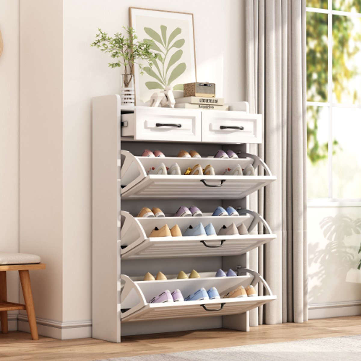 Schoenenkast - 3 Grote Kleppen & 2 Lades, Houten Schoenrek, Voor Hal & Woonkamer, Afmetingen B80 x D23,5 x H131 cm (4853222959917)