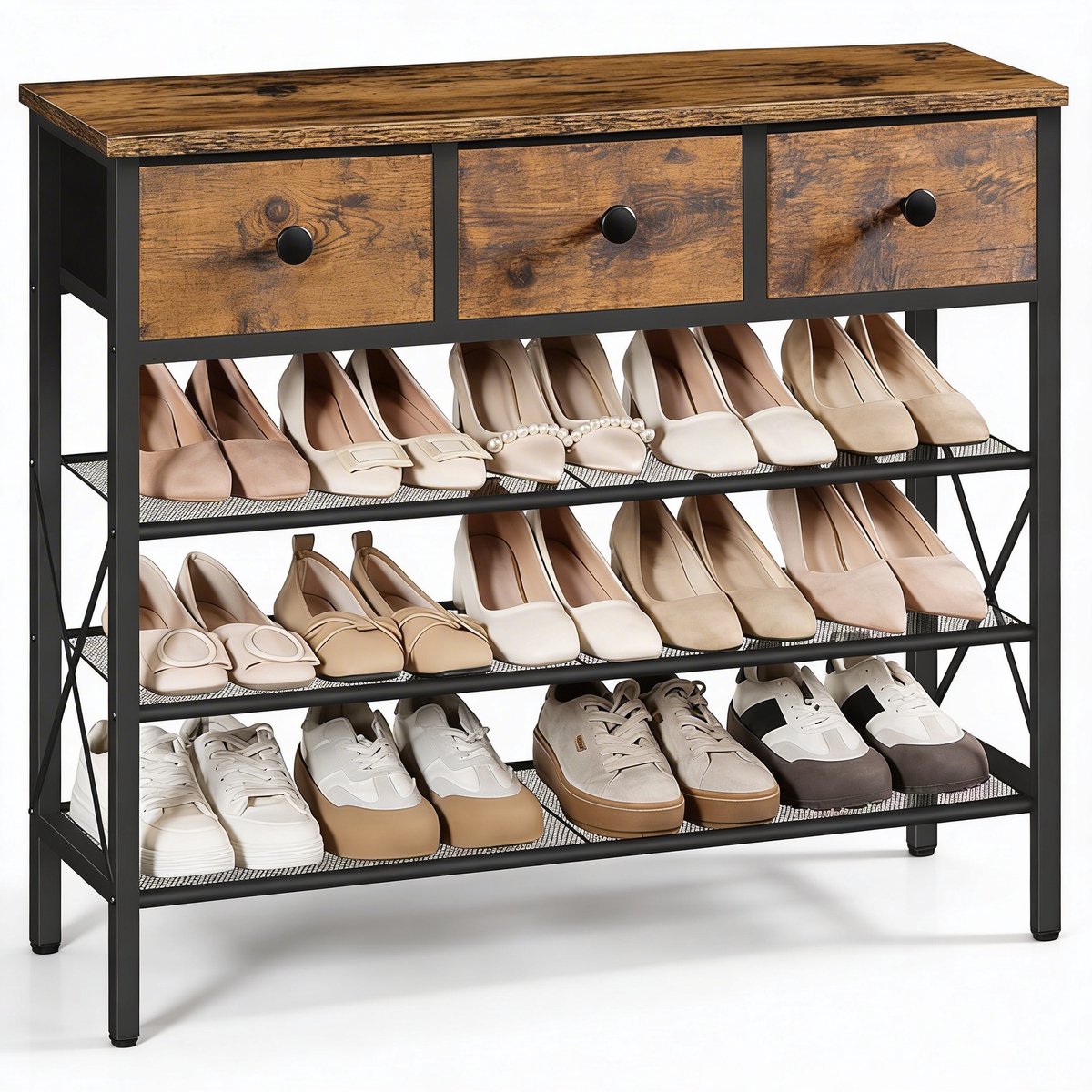 Schoenenkast 4-Laags | Schoenenrek Industrieel Design met Stevig Metalen Frame & Houten Bovenblad | Schoenenbank met Zitting Ruimtebesparend & Hoge Draagkracht | Voor Hal, Gang en Slaapkamer (6153544065050)