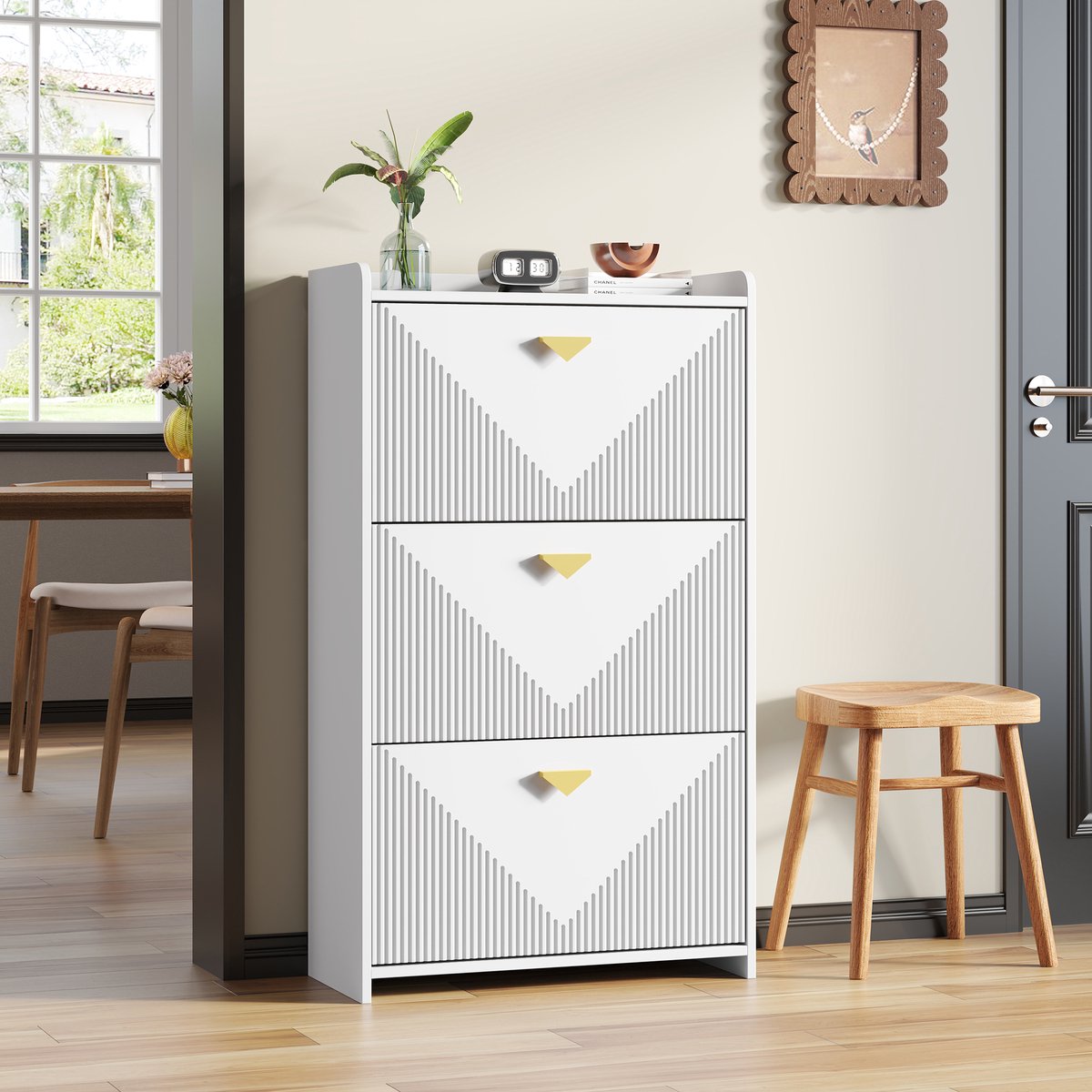 Schoenenkast - 70x30x120 cm - Met 3 Kleppen 6 Vakken En Verstelbare Breedte - MDF - Wit (8901660931937)