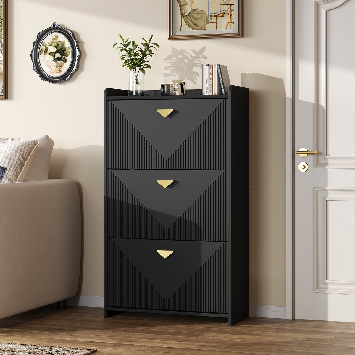 Schoenenkast - 70x30x120 cm - Met 3 Kleppen 6 Vakken En Verstelbare Breedte - MDF - Zwart (8901660931951)